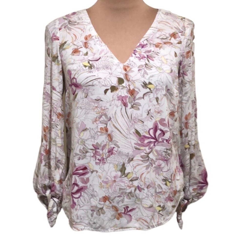 Anthropologie Maeve Pernille Top Blouse Size XS Cream Floral Puff Lantern Sleeve